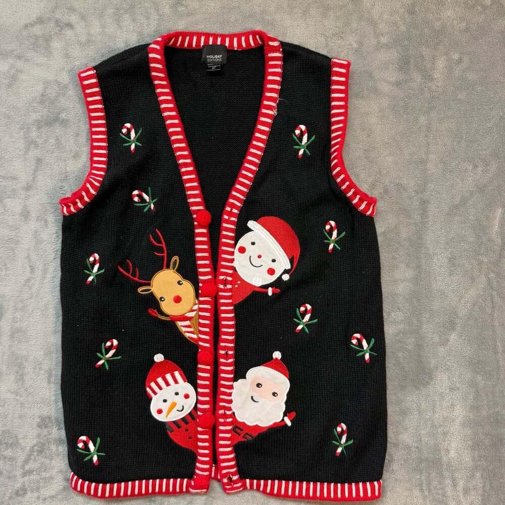 Holiday Editions Ugly Christmas Sweater Vest Size S Black Red Santa Snowman